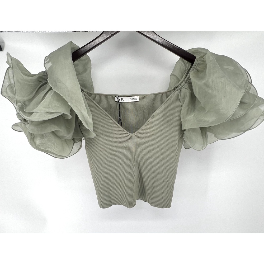 Zara Sage Green Puff Sleeve Ribbed Button Down Shirt